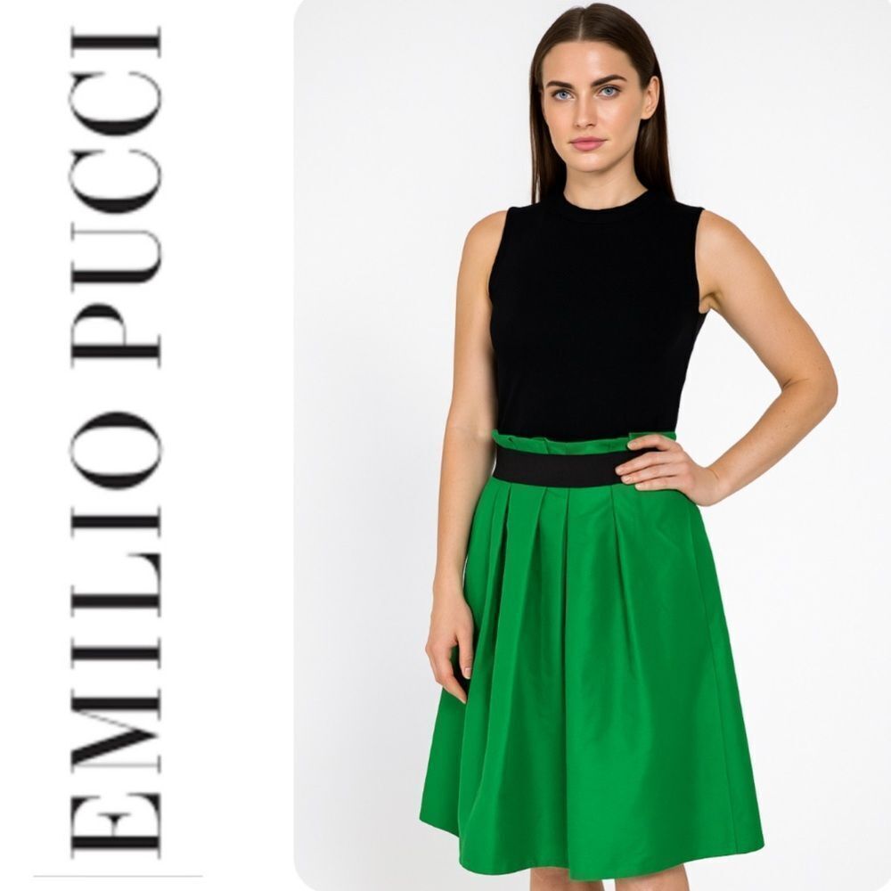 Emilio Pucci ladies midi skirt Kelly green black 8 pleated elegant modest